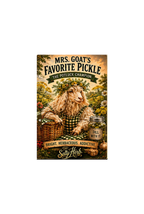 Vintage-style sign featuring a goat with a pickle jar and text about 'Mrs. Goat's Favorite Pickle'.
