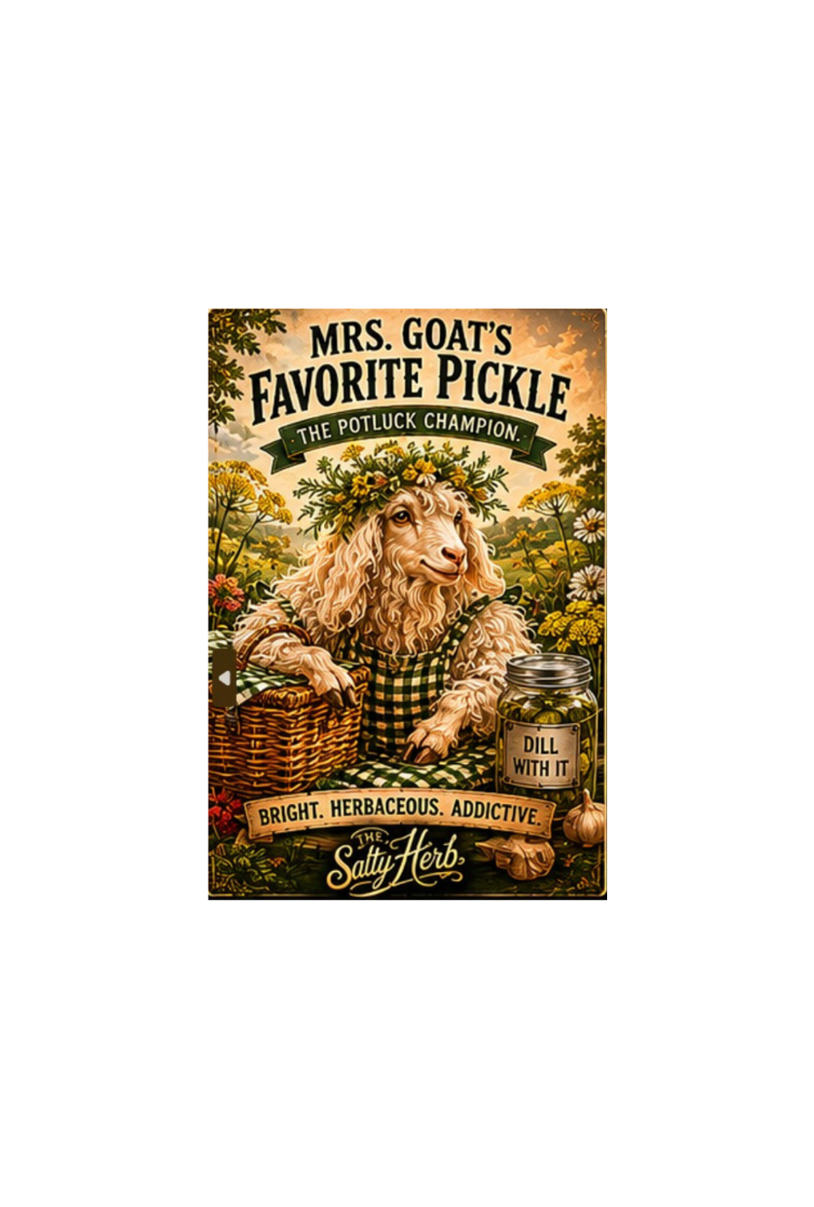 Vintage-style sign featuring a goat with a pickle jar and text about 'Mrs. Goat's Favorite Pickle'.