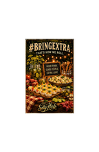 Vintage-style sign with food items and '#BRINGEXTRA' text, featuring a rustic outdoor setting.