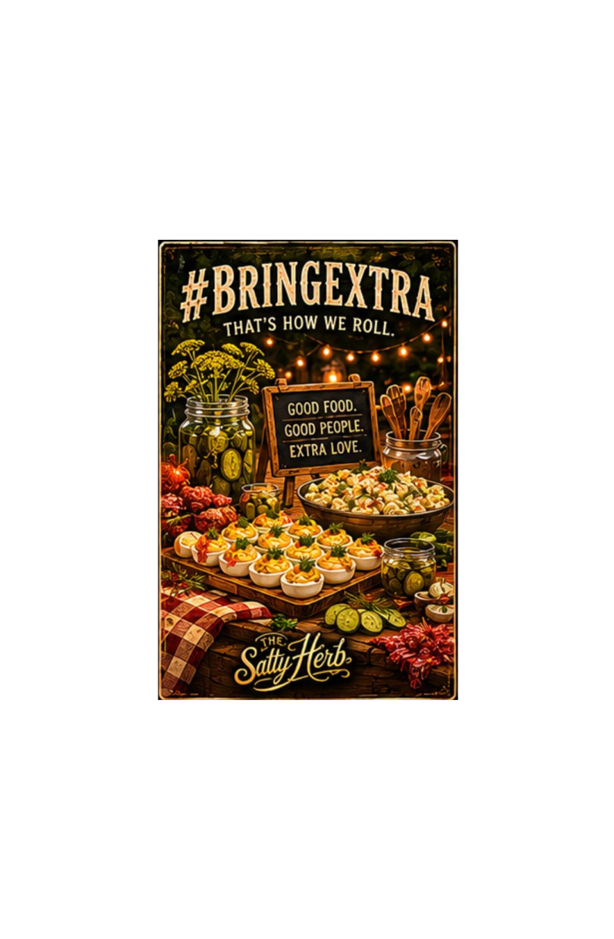 Vintage-style sign with food items and '#BRINGEXTRA' text, featuring a rustic outdoor setting.
