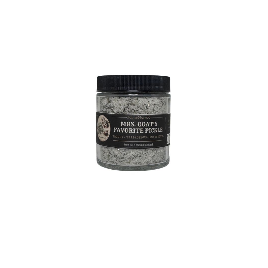 Jar of 'Mrs. Goat's Favorite Pickle' on a white background