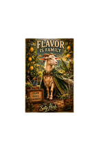 Vintage-style sign with a goat and text 'Flavor is Family' from 'The Salty Herb'.
