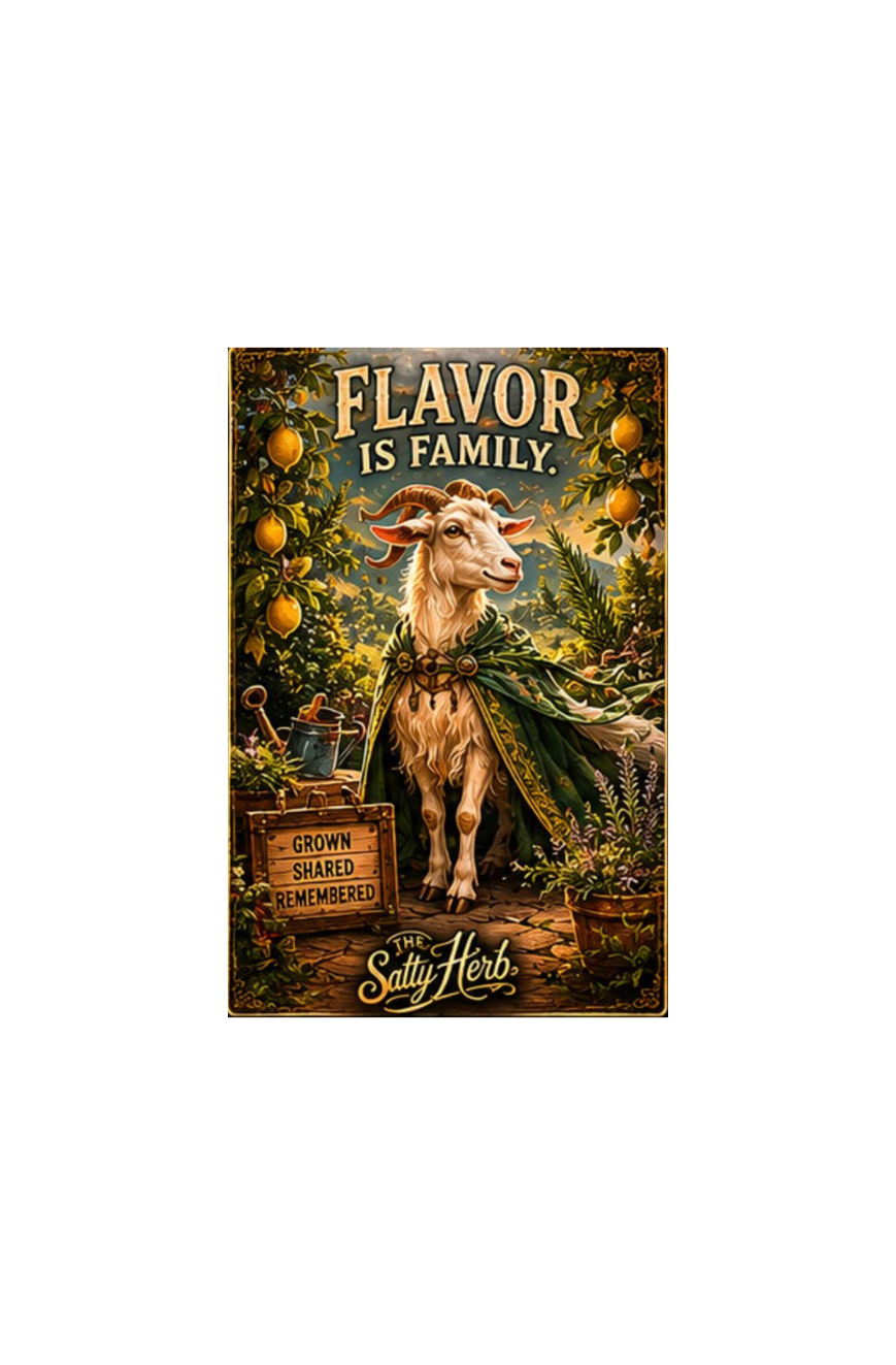 Vintage-style sign with a goat and text 'Flavor is Family' from 'The Salty Herb'.