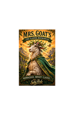 Vintage-style poster of a goat with decorative elements and text about 'Mrs. Goat's' and 'The Salty Herb'.