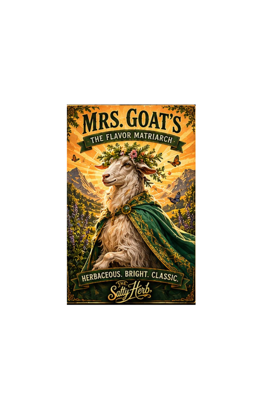 Vintage-style poster of a goat with decorative elements and text about 'Mrs. Goat's' and 'The Salty Herb'.