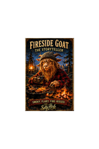 Fireside Goat The Storyteller with a goat holding a mug by a campfire, surrounded by trees and lanterns.