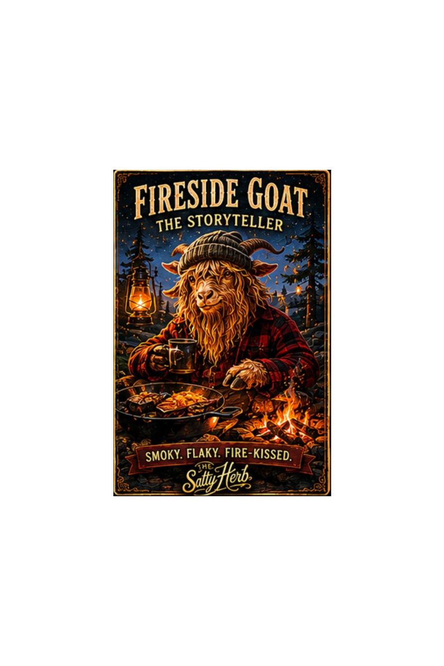Fireside Goat The Storyteller with a goat holding a mug by a campfire, surrounded by trees and lanterns.