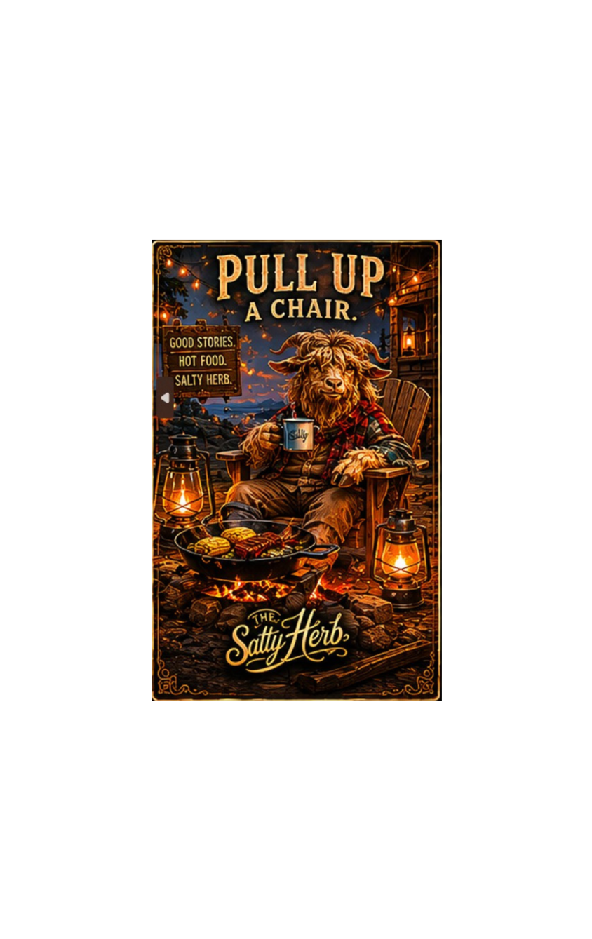 Vintage-style sign with a character holding a mug, sitting by a campfire, and text 'Pull Up A Chair. Good Stories.