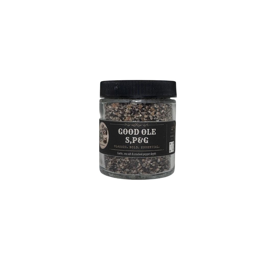 Jar of 'Good Ole S.P.E.G.' seasoning on a white background