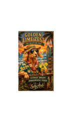 Vintage-style poster of a goat in a hat and sunglasses with a cocktail, set against a beach sunset.