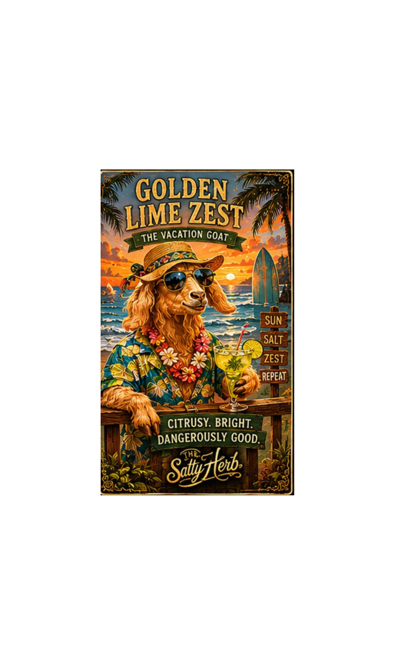 Vintage-style poster of a goat in a hat and sunglasses with a cocktail, set against a beach sunset.