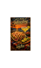 Promotional poster for 'The Salty Herb' with tacos and a margarita on a beach sunset background.