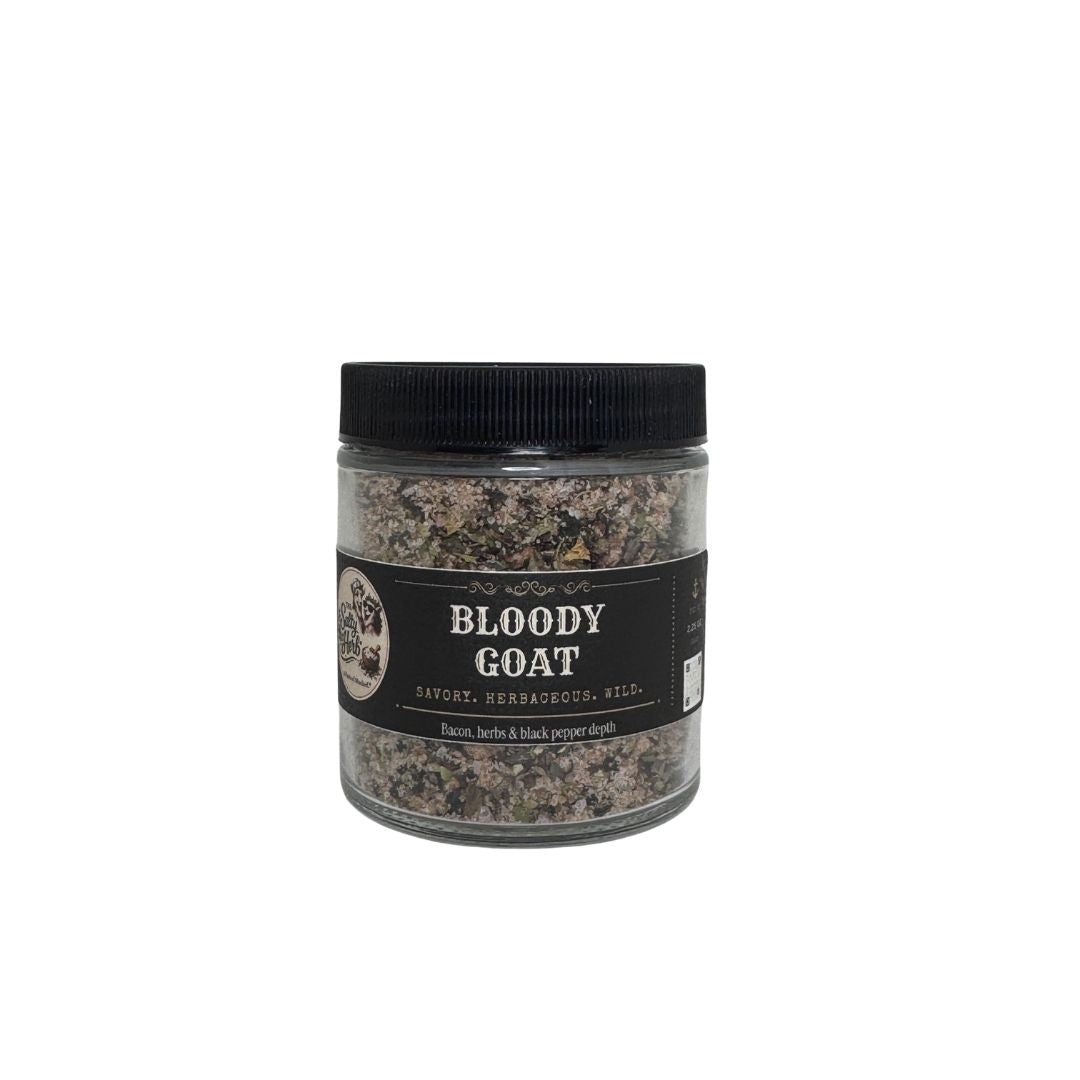 Jar of 'Bloody Goat' seasoning on a white background