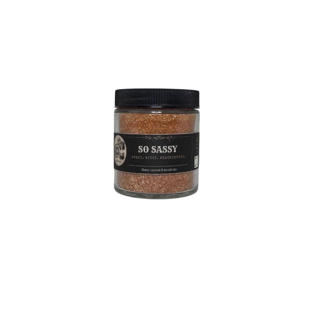 Jar of 'So Sassy' spice mix on a white background