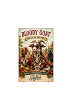 Decorative sign with a goat wearing sunglasses and holding a red cup, surrounded by food and people, with 'Satty Herb' branding.