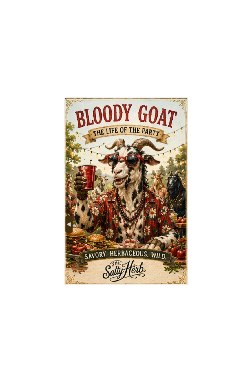 Decorative sign with a goat wearing sunglasses and holding a red cup, surrounded by food and people, with 'Satty Herb' branding.