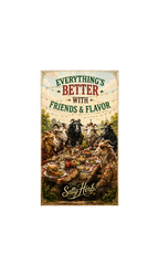 Vintage-style poster with goats around a table, featuring the text 'Everything's Better with Friends & Flavor' and 'The Satty Herb'.