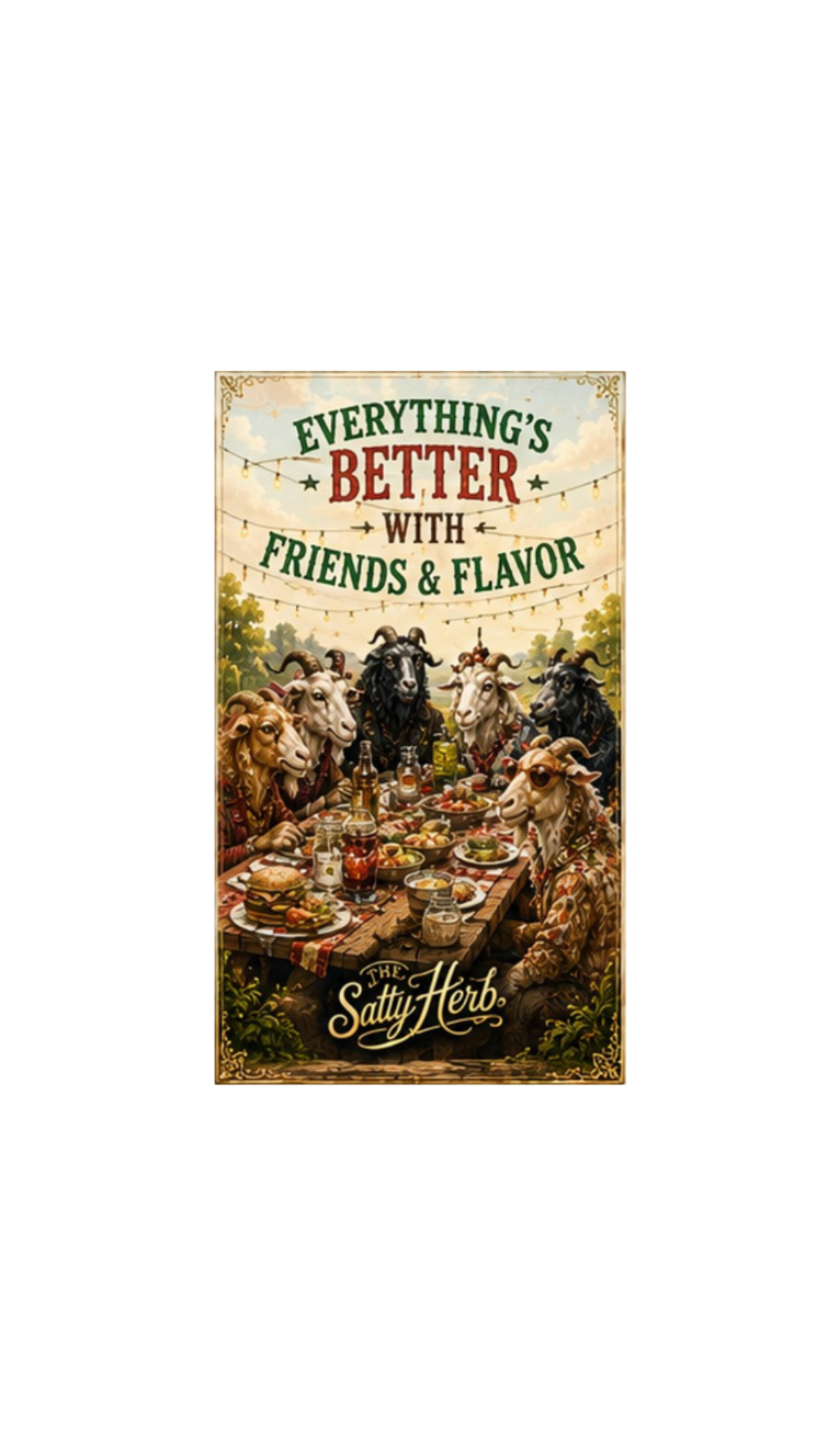Vintage-style poster with goats around a table, featuring the text 'Everything's Better with Friends & Flavor' and 'The Satty Herb'.