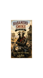 Vintage-style advertisement for 'Habanero Smoke' with a goat on a motorcycle in a western town setting.