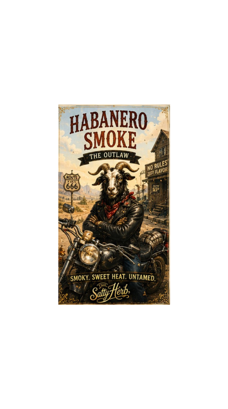 Vintage-style advertisement for 'Habanero Smoke' with a goat on a motorcycle in a western town setting.