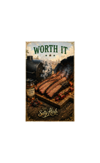 Advertisement for 'The Salty Herb' with smoked meat and a bottle of seasoning on a wooden surface.