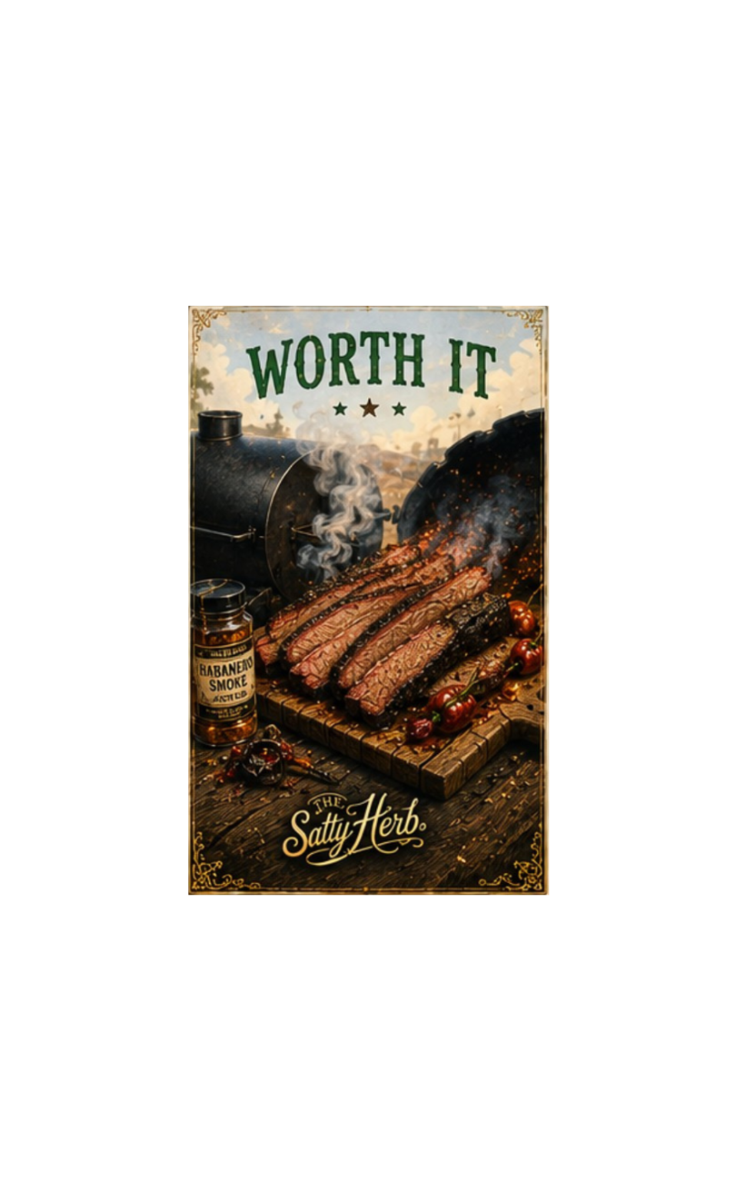 Advertisement for 'The Salty Herb' with smoked meat and a bottle of seasoning on a wooden surface.