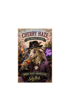 Poster of a goat in a hat and suit with a drink, labeled 'Cherry Haze' in a bar setting.