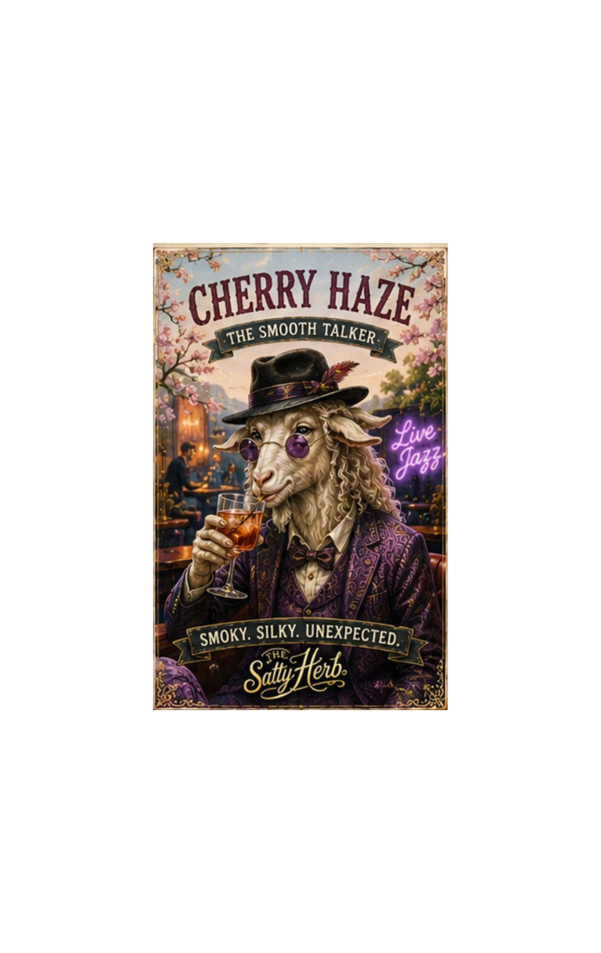 Poster of a goat in a hat and suit with a drink, labeled 'Cherry Haze' in a bar setting.