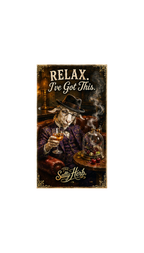 Vintage-style poster with a man in a suit and hat holding a glass of whiskey, with text 'Relax. I've Got This.