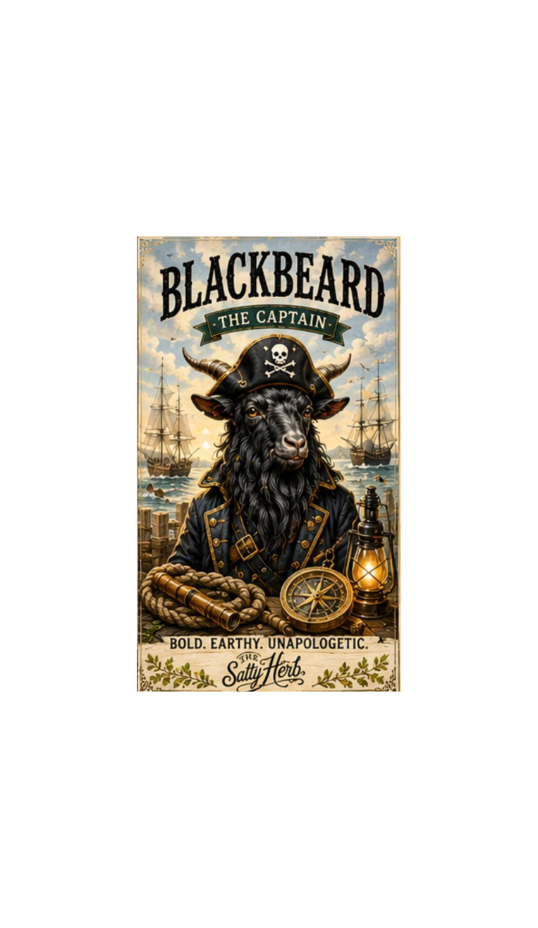 Vintage-style poster of a goat dressed as Blackbeard with ships and ocean in the background.