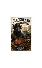 Advertisement for Blackbeard Ribeye steak with a bull dressed as a pirate and a ship in the background.