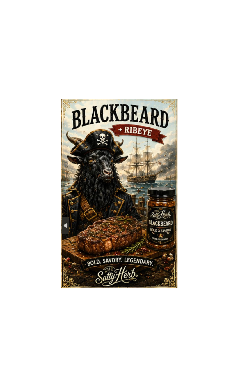 Advertisement for Blackbeard Ribeye steak with a bull dressed as a pirate and a ship in the background.