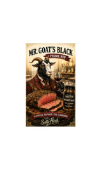 Vintage-style advertisement for 'Mr. Goat's Black Prime Rib' with a goat character holding a glass of wine.