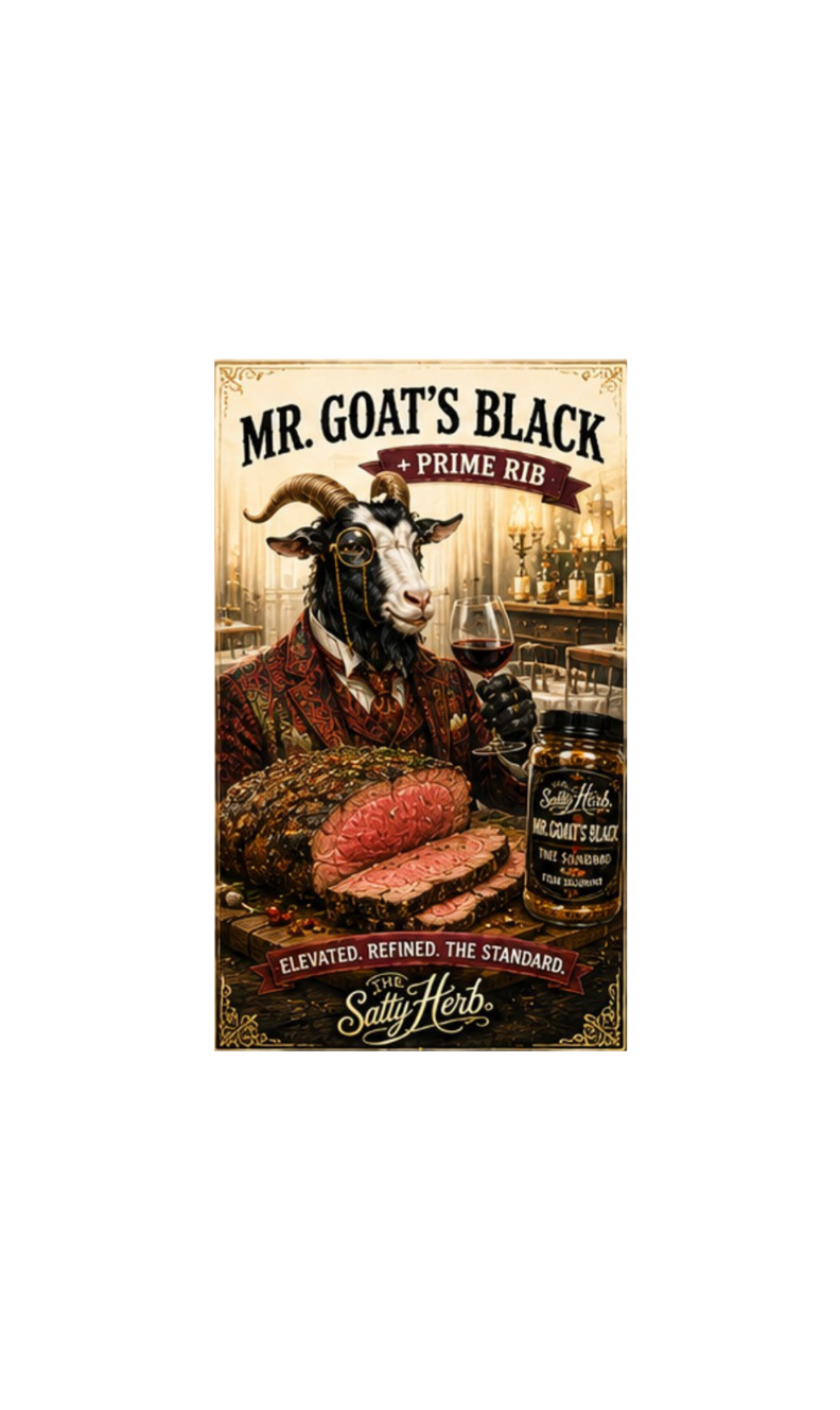 Vintage-style advertisement for 'Mr. Goat's Black Prime Rib' with a goat character holding a glass of wine.