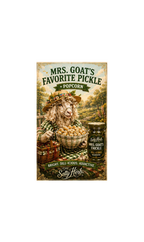 Vintage-style advertisement for 'Mrs. Goat's Favorite Pickle Popcorn' with a cartoon goat holding popcorn and a jar of seasoning.