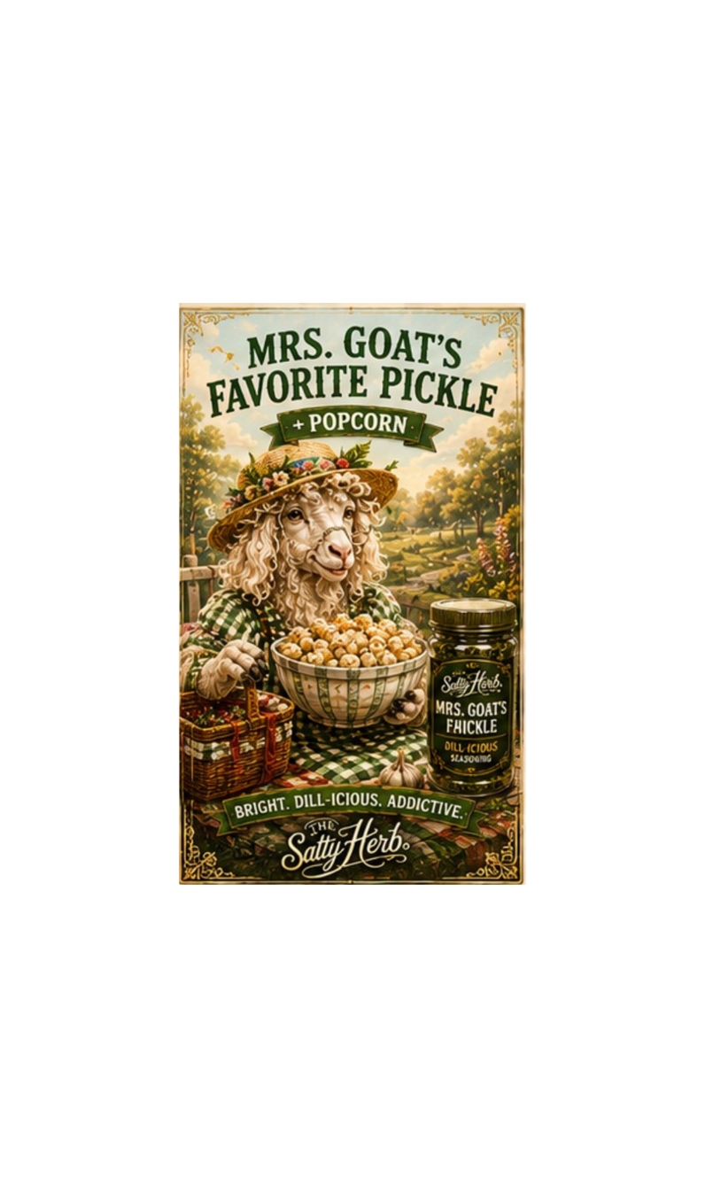 Vintage-style advertisement for 'Mrs. Goat's Favorite Pickle Popcorn' with a cartoon goat holding popcorn and a jar of seasoning.