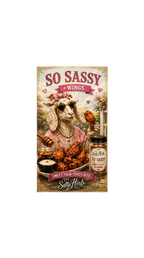 Vintage-style advertisement for 'So Sassy Wings' with a cartoon goat holding a wing, surrounded by food and herbs.