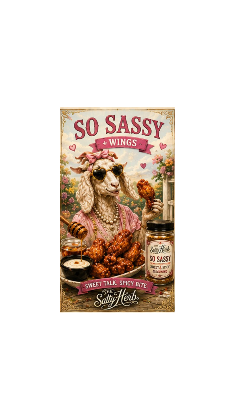 Vintage-style advertisement for 'So Sassy Wings' with a cartoon goat holding a wing, surrounded by food and herbs.