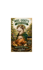 Vintage-style advertisement for 'Mrs. Goat's Roast Chicken' with a goat, roasted chicken, and herbs.