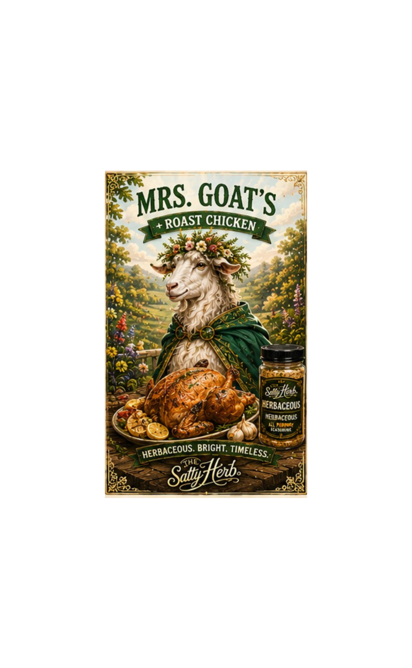 Vintage-style advertisement for 'Mrs. Goat's Roast Chicken' with a goat, roasted chicken, and herbs.