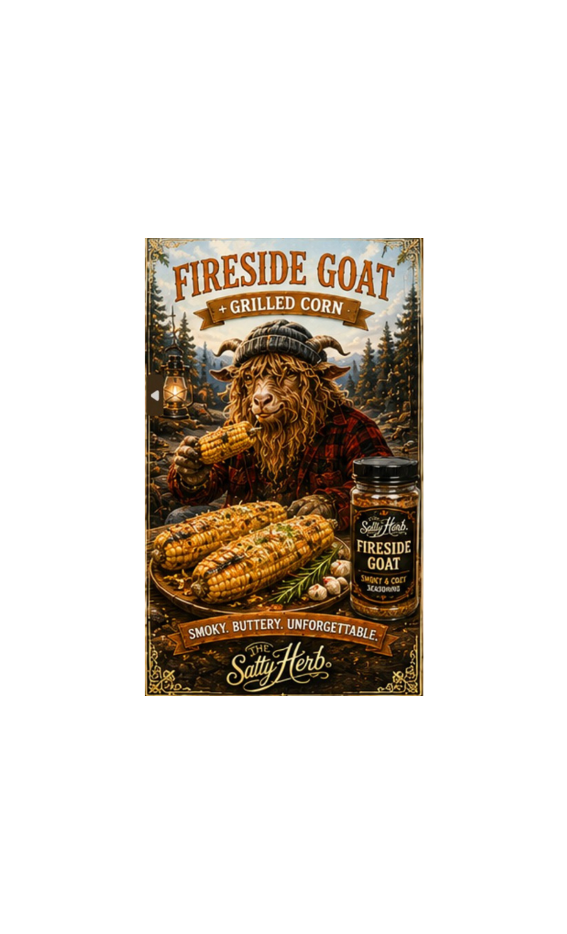 Fireside Goat and Grilled Corn seasoning packaging with a goat illustration and forest background.