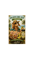 Salty Herb Golden Lime Zest seasoning with a character holding fish tacos and a jar of seasoning against a beach background.