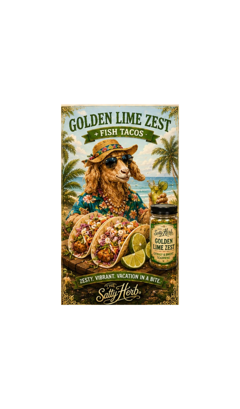 Salty Herb Golden Lime Zest seasoning with a character holding fish tacos and a jar of seasoning against a beach background.