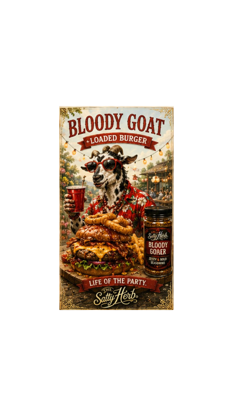 Promotional poster for 'Bloody Goat Loaded Burger' with a goat holding a burger and a jar of seasoning.