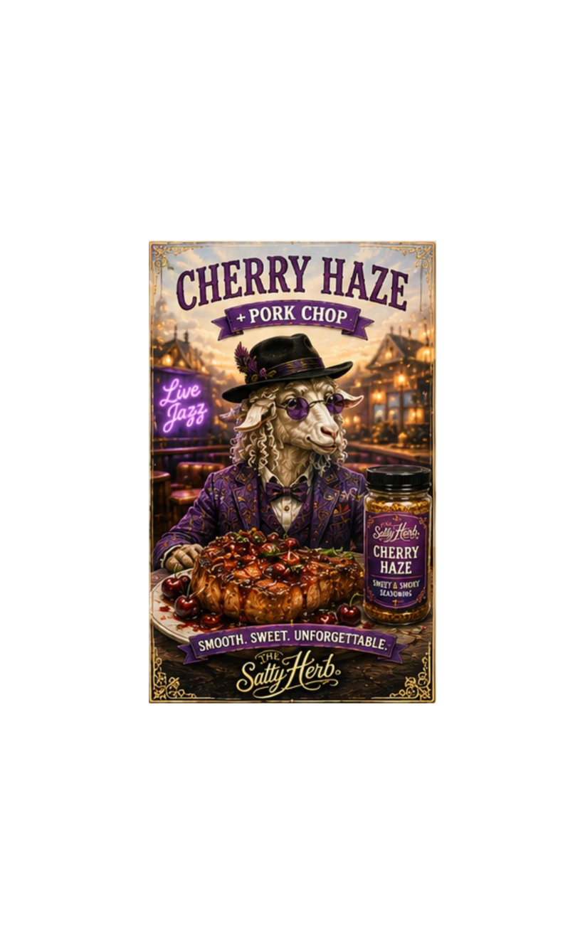 Salty Herb Cherry Haze Pork Chop seasoning packaging with a stylized sheep character in a bar setting.