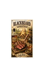 Vintage-style poster for Blackbeard Lifestyle with bourbon, steak, and glass of whiskey.