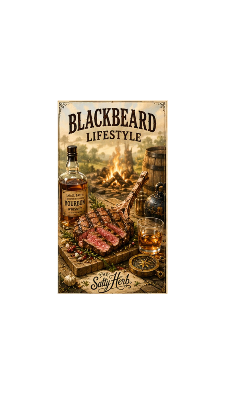 Vintage-style poster for Blackbeard Lifestyle with bourbon, steak, and glass of whiskey.