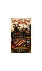 Advertisement for 'Habanero Smoke Brisket' with a goat wearing sunglasses and a leather jacket, standing next to a jar of the product.