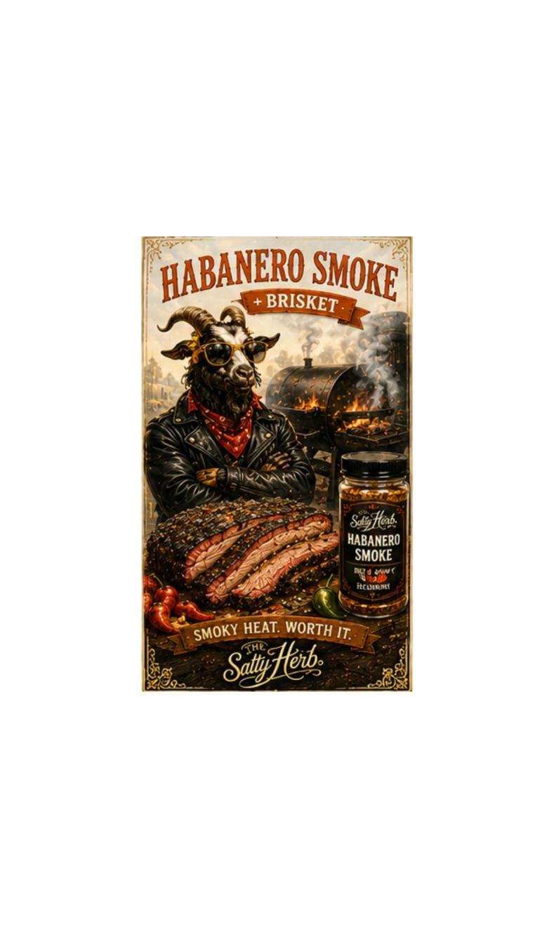 Advertisement for 'Habanero Smoke Brisket' with a goat wearing sunglasses and a leather jacket, standing next to a jar of the product.