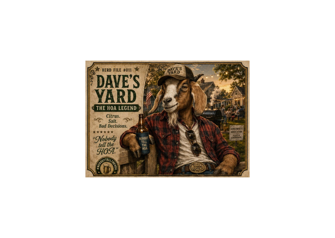 Goat in plaid shirt and cap holding a bottle with 'Dave's Yard' branding
